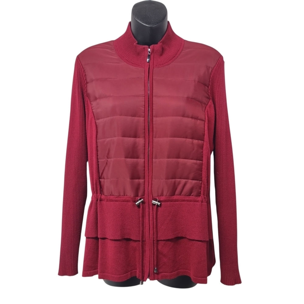 Picadilly Canada Burgundy Quilted Knit Zip Cardigan Jacket Peplum Hem Size L